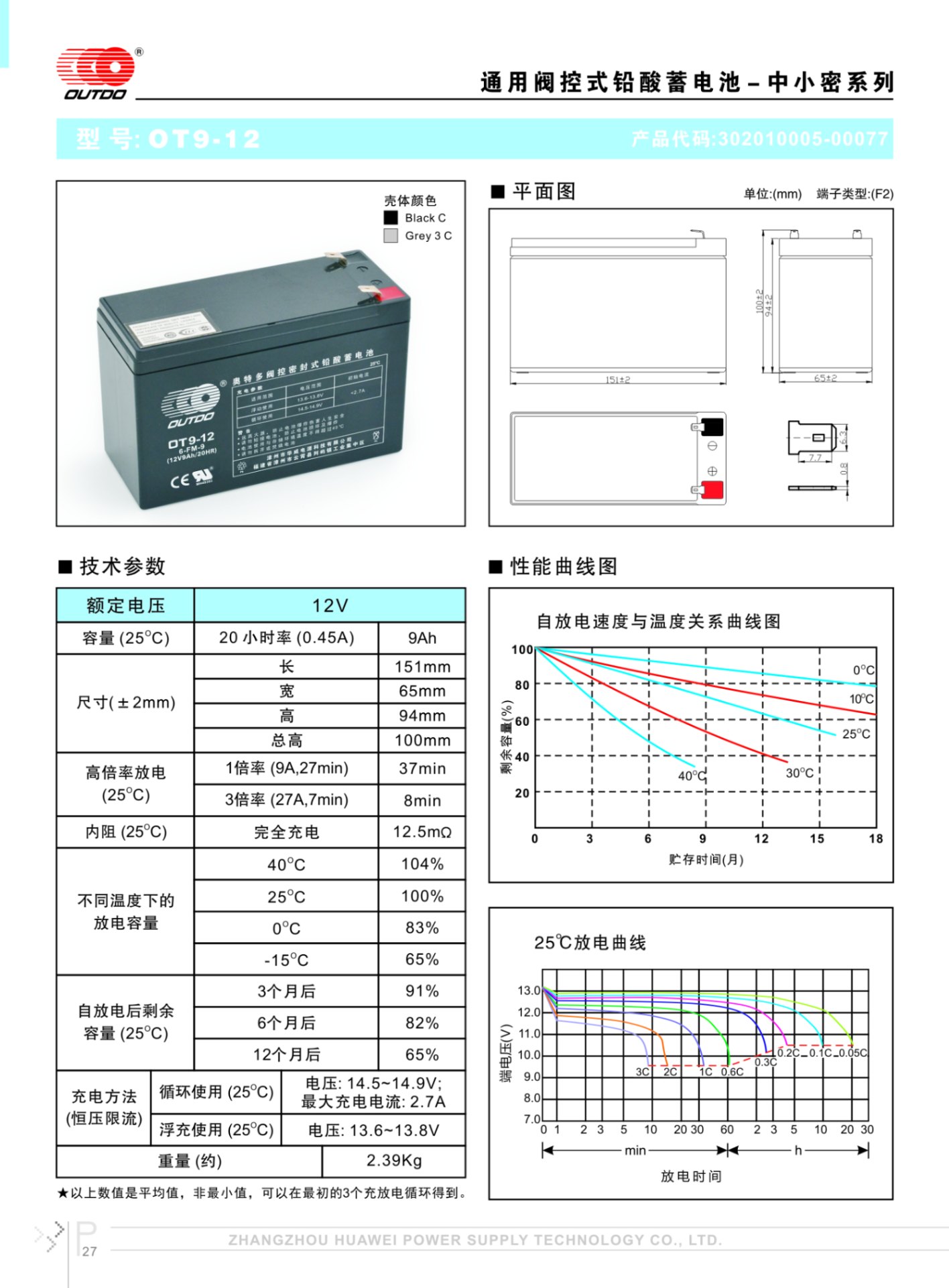 奥特多蓄电池OT9-12奥特多电池12V9AH/20HR(6-FM-9)